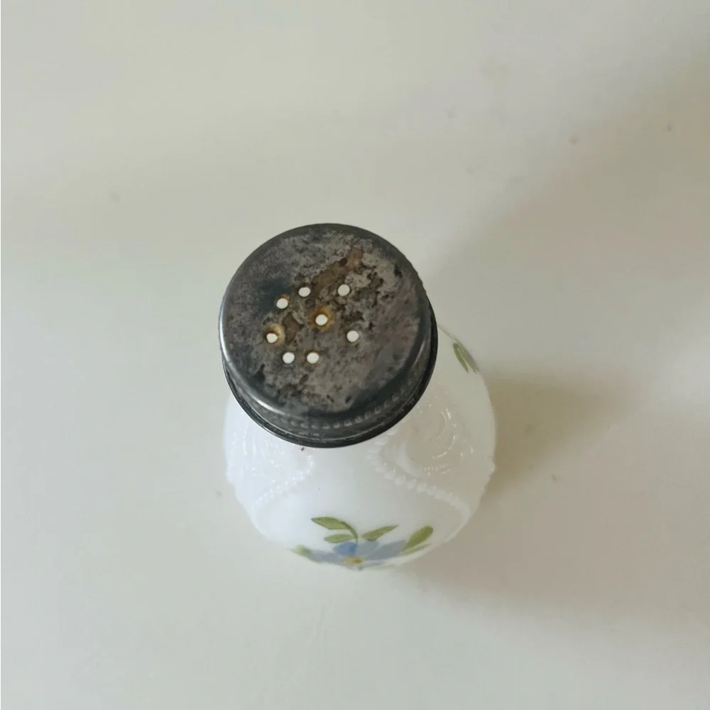Vintage Milk Glass Salt Shaker with Floral Design and Metal Lid
